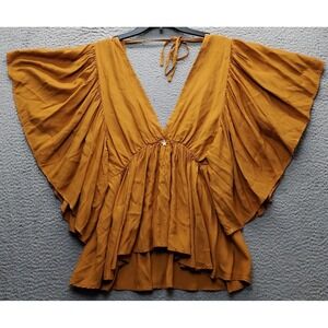 Souvenir Clubbing Blouse Top Womens M Tan Boho Butterfly Sleeve V-Neck Tie Back
